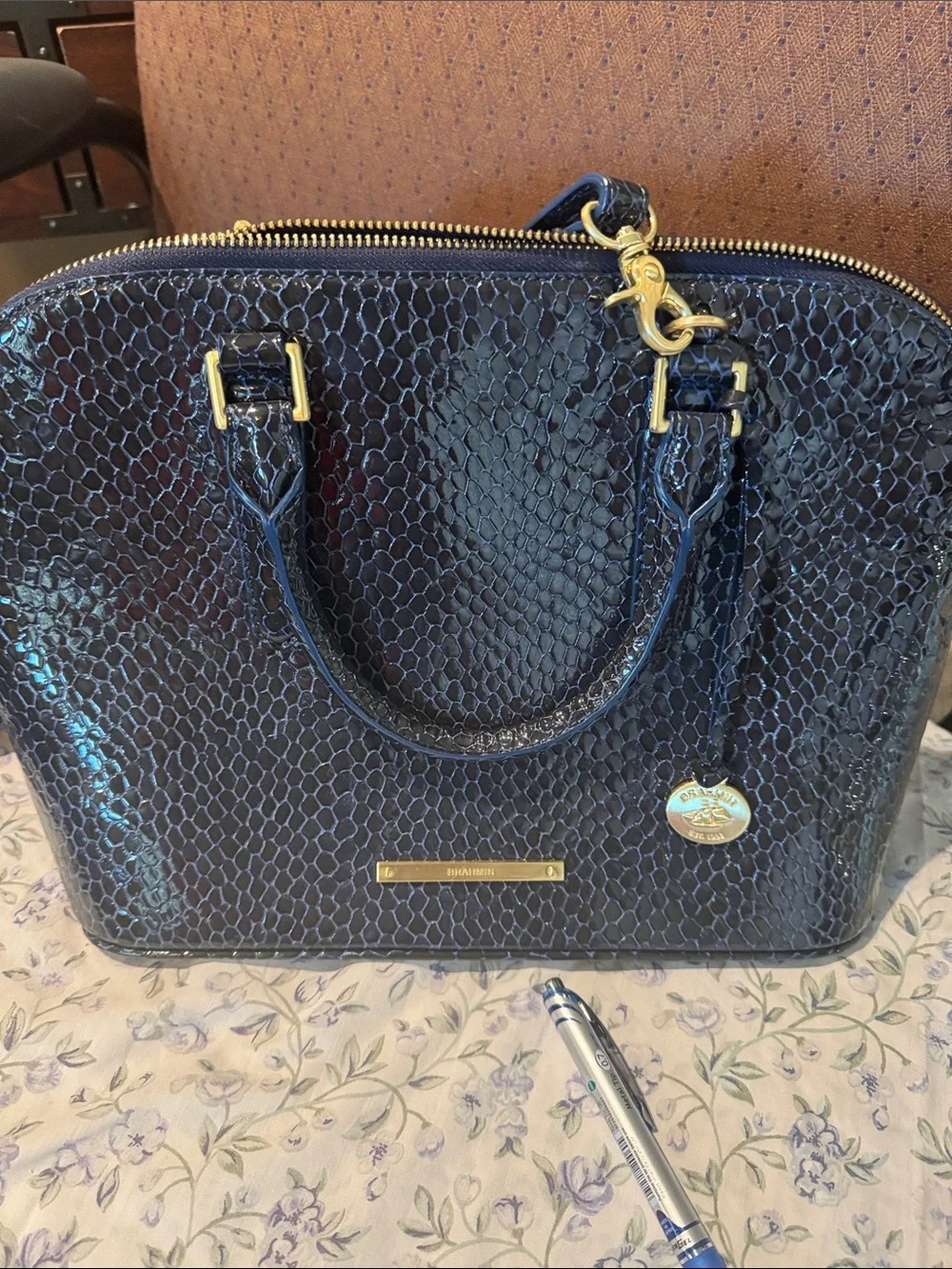 Brahmin Navy Snake-Embossed Satchel with Gold Hardware